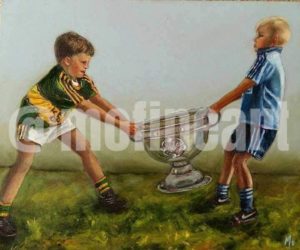 Two boys Kerry and Dublin GAA fighting over the Sam Maguire