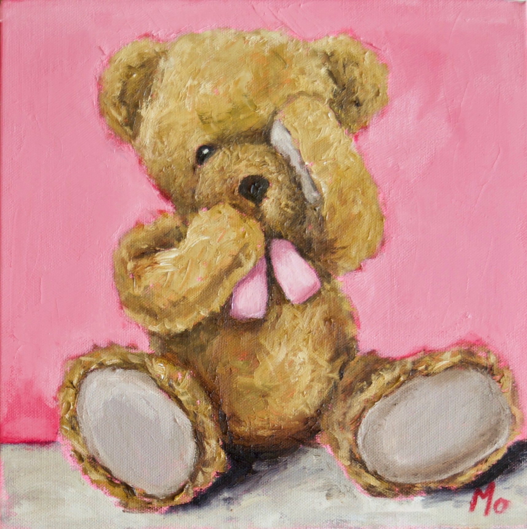 Teddy bear with one paw over eye pink ribbon