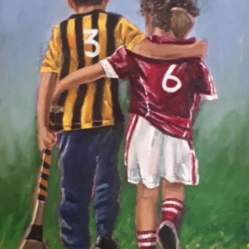 Two boys arms around each other GAA jerseys walking home after hurling match