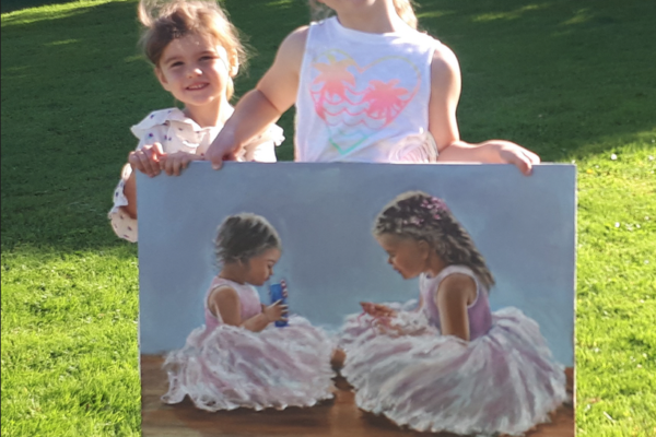 Commission art Two little girls holding a large painting of them selves