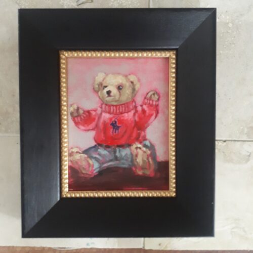 teddy bear sitting down red sweater with Ralph Lauren teddy bear Maureen O'Mahony