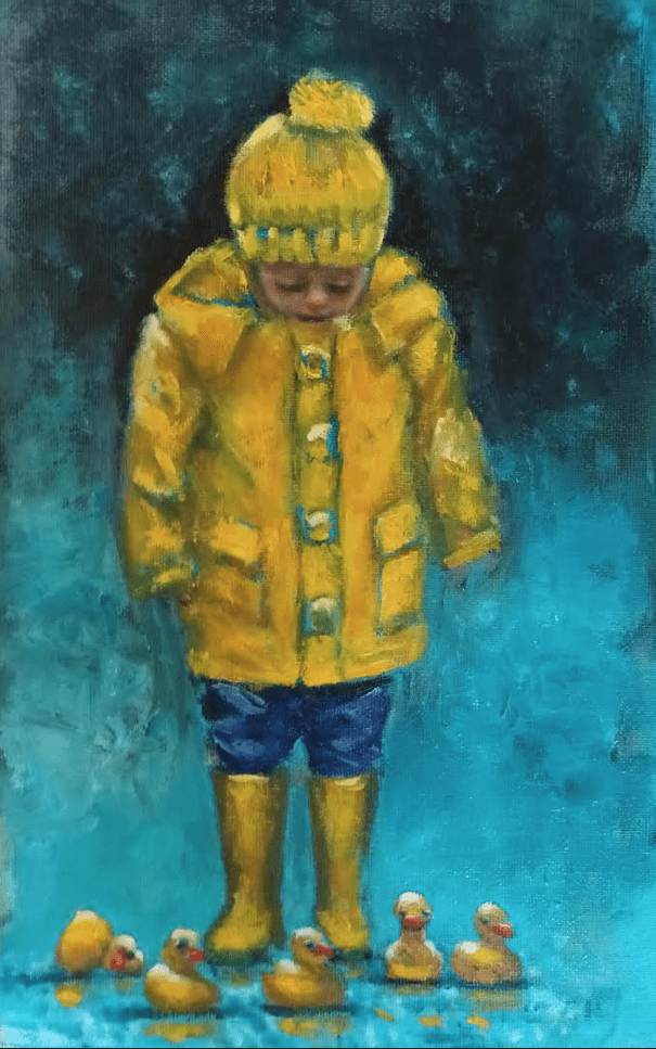 irish gifts little boy in yellow raincoat yellow hat and wellies looking at rubber ducks