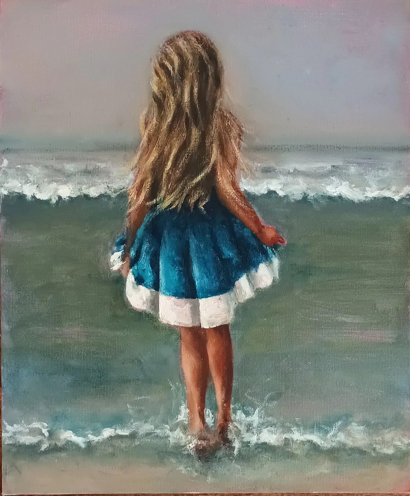 Commission art Little girl blue dress dancing at the waters edge