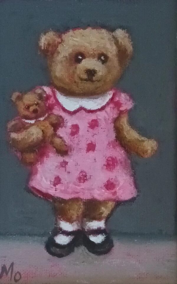 Irish art irish gifts teddy bear mom in a pink dress and Mary Jane shoes holding a baby teddy bear