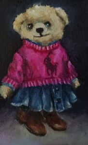 Girl teddy bear in Ralph Lauren Sweater denim skirt and cowboy boots #irishgifts #teddybearart #irishgifts