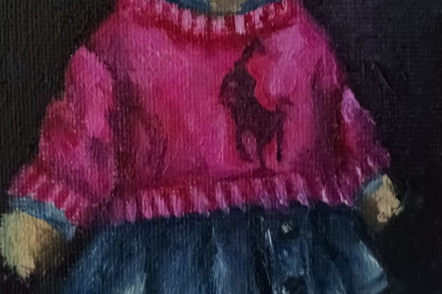 Girl teddy bear in Ralph Lauren Sweater denim skirt and cowboy boots #irishgifts #teddybearart #irishgifts