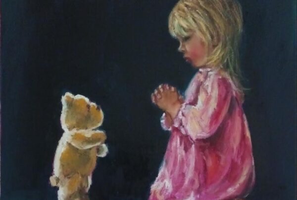 Irish Art Divine Light little girl in prayer pose with her teddybear