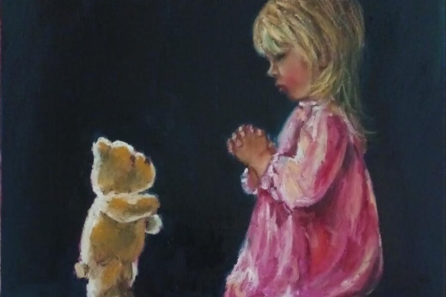 Irish Art Divine Light little girl in prayer pose with her teddybear
